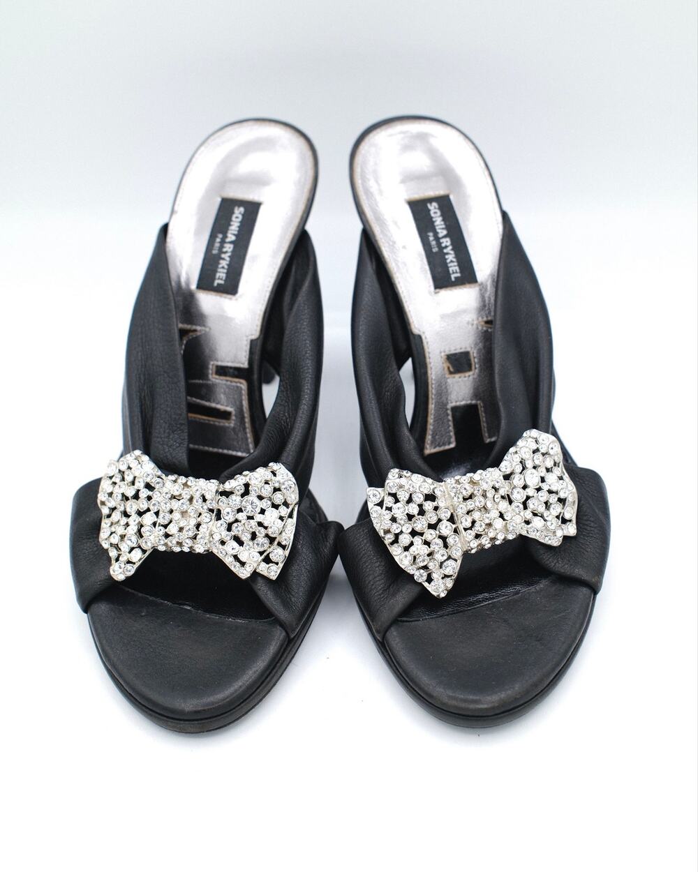 Sonia Rykiel Leather Mules with Rhinestone Bows 36